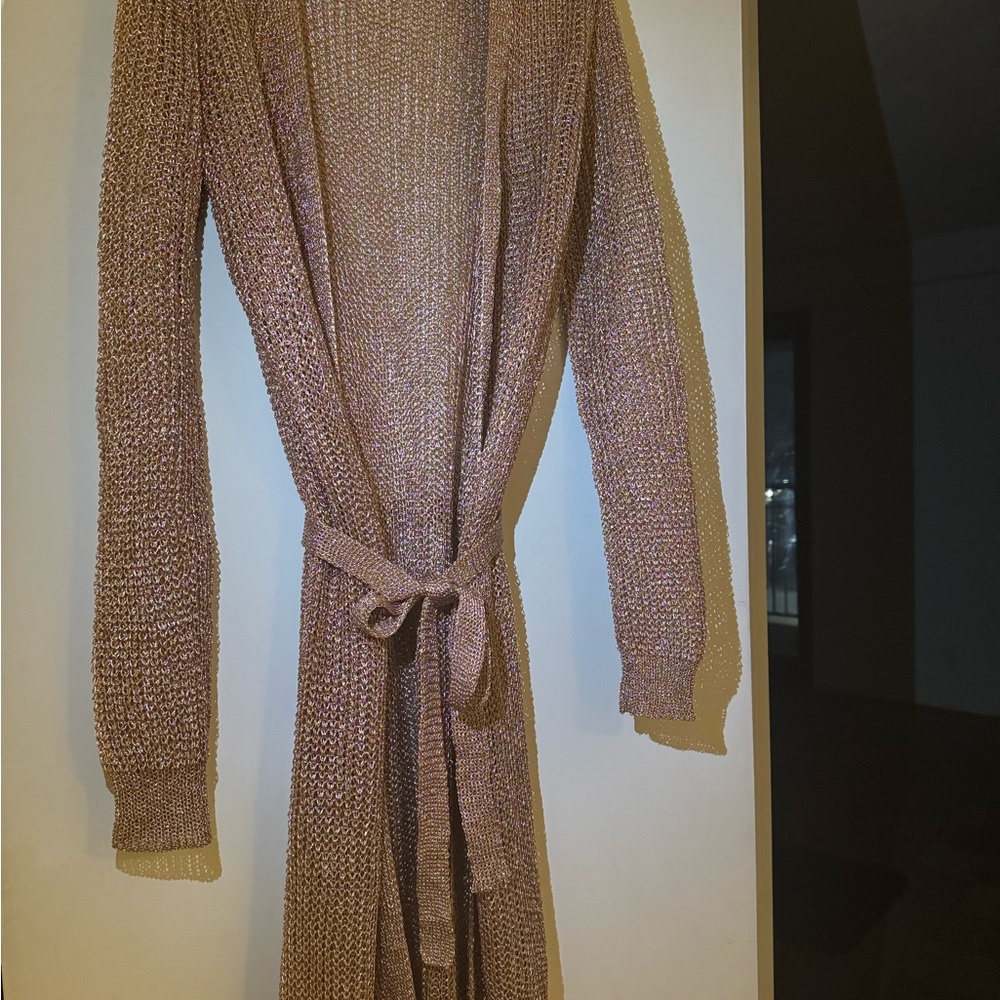 Elegant Knit Women's Shimmering Metallic Bronze Long Knitted Cardigan with Belt